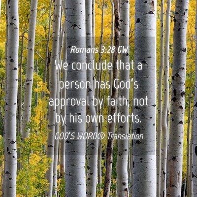 Picture 04 - Romans 3:28 GW - We conclude that a person has God’s approval by - Bible Verse Picture