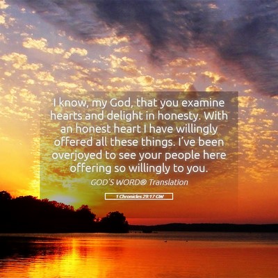 Picture 05 - 1 Chronicles 29:17 GW - I know, my God, that you examine hearts and - Bible Verse Picture