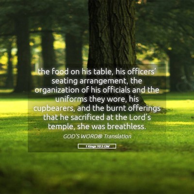 Picture 05 - 1 Kings 10:5 GW - the food on his table, his officers’ seating - Bible Verse Picture