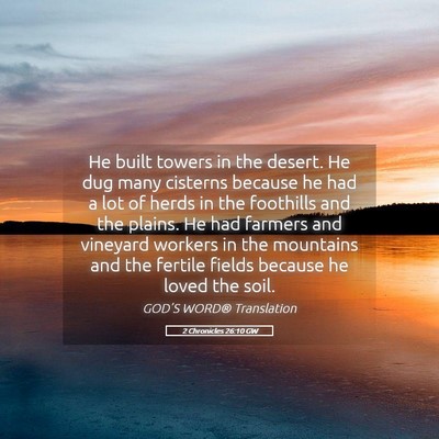 Picture 05 - 2 Chronicles 26:10 GW - He built towers in the desert. He dug many - Bible Verse Picture