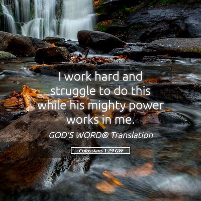 Picture 05 - Colossians 1:29 GW - I work hard and struggle to do this while his - Bible Verse Picture