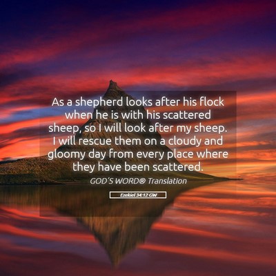 Picture 05 - Ezekiel 34:12 GW - As a shepherd looks after his flock when he is - Bible Verse Picture