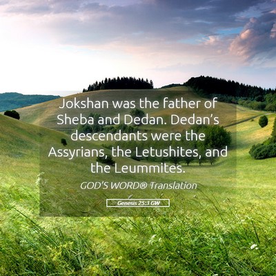 Picture 05 - Genesis 25:3 GW - Jokshan was the father of Sheba and Dedan. - Bible Verse Picture