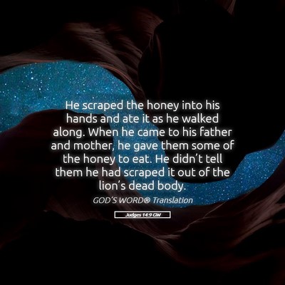 Picture 05 - Judges 14:9 GW - He scraped the honey into his hands and ate it as - Bible Verse Picture