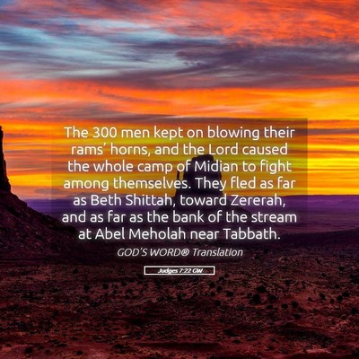 Picture 05 - Judges 7:22 GW - The 300 men kept on blowing their rams’ horns, - Bible Verse Picture