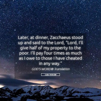 Picture 05 - Luke 19:8 GW - Later, at dinner, Zacchaeus stood up and said to - Bible Verse Picture