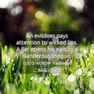 Picture 05 - Proverbs 17:4 GW - An evildoer pays attention to wicked lips. A liar - Bible Verse Picture