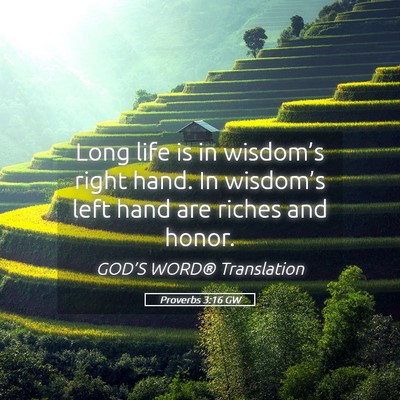Picture 05 - Proverbs 3:16 GW - Long life is in wisdom’s right hand. In - Bible Verse Picture