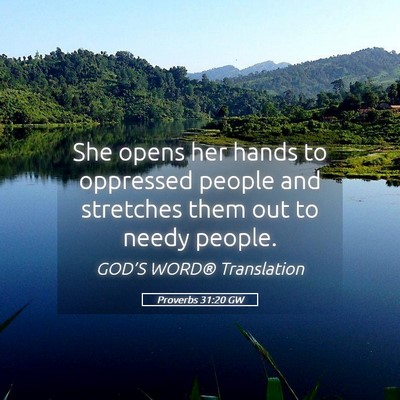 Picture 05 - Proverbs 31:20 GW - She opens her hands to oppressed people and - Bible Verse Picture