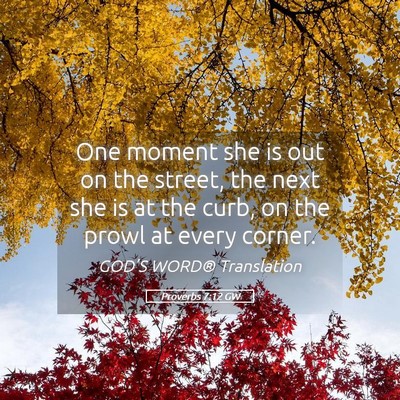 Picture 05 - Proverbs 7:12 GW - One moment she is out on the street, the next she - Bible Verse Picture