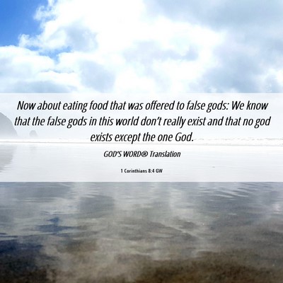 Picture 06 - 1 Corinthians 8:4 GW - Now about eating food that was offered to false - Bible Verse Picture