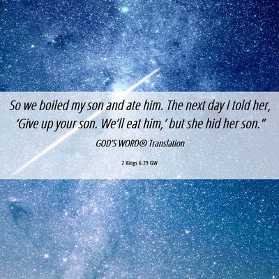 Picture 06 - 2 Kings 6:29 GW - So we boiled my son and ate him. The next day I - Bible Verse Picture