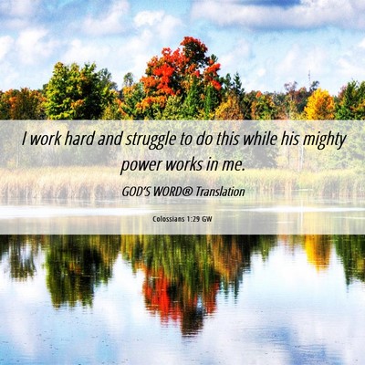 Picture 06 - Colossians 1:29 GW - I work hard and struggle to do this while his - Bible Verse Picture