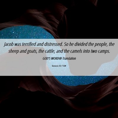 Picture 06 - Genesis 32:7 GW - Jacob was terrified and distressed. So he divided - Bible Verse Picture