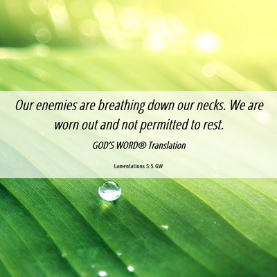 Picture 06 - Lamentations 5:5 GW - Our enemies are breathing down our necks. We are - Bible Verse Picture