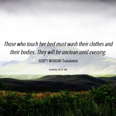 Picture 06 - Leviticus 15:21 GW - Those who touch her bed must wash their clothes - Bible Verse Picture