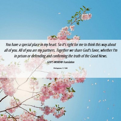 Picture 06 - Philippians 1:7 GW - You have a special place in my heart. So it’s - Bible Verse Picture