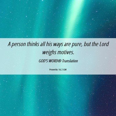 Picture 06 - Proverbs 16:2 GW - A person thinks all his ways are pure, but the - Bible Verse Picture