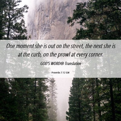Picture 06 - Proverbs 7:12 GW - One moment she is out on the street, the next she - Bible Verse Picture