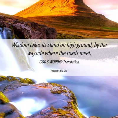 Picture 06 - Proverbs 8:2 GW - Wisdom takes its stand on high ground, by the - Bible Verse Picture