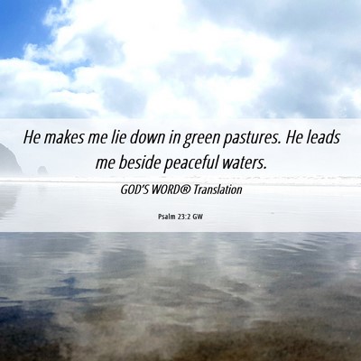 Picture 06 - Psalm 23:2 GW - He makes me lie down in green pastures. He leads - Bible Verse Picture