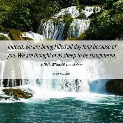 Picture 06 - Psalm 44:22 GW - Indeed, we are being killed all day long because - Bible Verse Picture