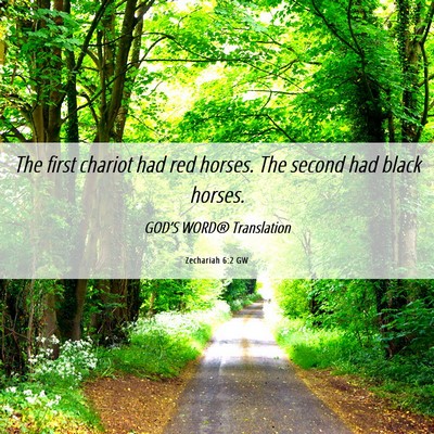 Picture 06 - Zechariah 6:2 GW - The first chariot had red horses. The second had - Bible Verse Picture