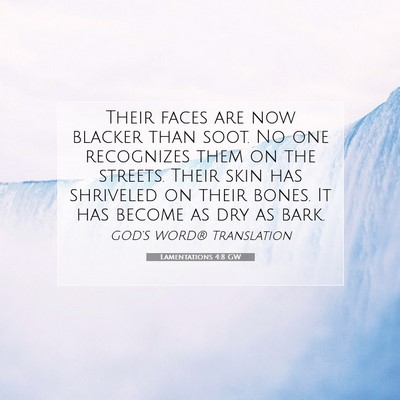 Picture 07 - Lamentations 4:8 GW - Their faces are now blacker than soot. No one - Bible Verse Picture