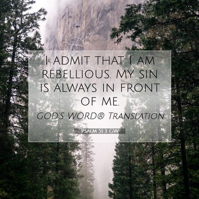 Picture 07 - Psalm 51:3 GW - I admit that I am rebellious. My sin is always in - Bible Verse Picture