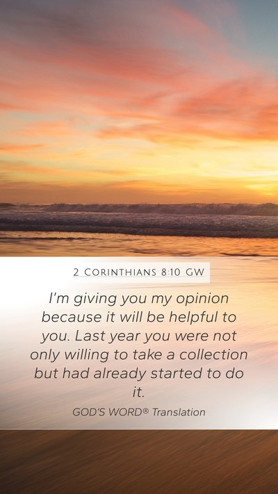2 Corinthians 8:10 GW Bible Verse Image