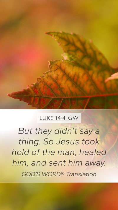 Luke 14:4 GW Mobile Phone Wallpaper - But they didn’t say a thing. So Jesus took hold - Mobile Bible Verse Wallpaper