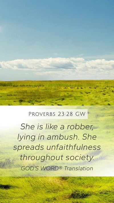 Proverbs 23:28 GW Mobile Phone Wallpaper - She is like a robber, lying in ambush. She - Mobile Bible Verse Wallpaper